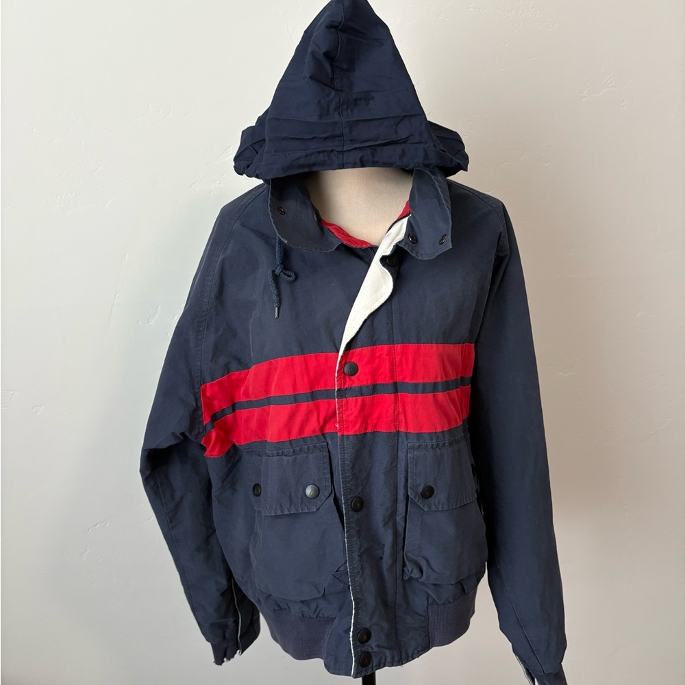 Vintage Nautica Hooded Windbreaker Jacket Men’s Large Navy Red Stripe 90s
